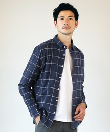 先染め綿麻ストレッチレギュラーカラー長袖シャツ