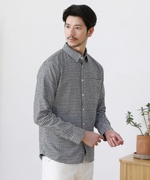 先染め綿麻ストレッチレギュラーカラー長袖シャツ