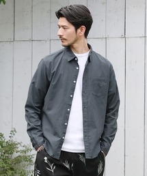先染め綿麻ストレッチレギュラーカラー長袖シャツ