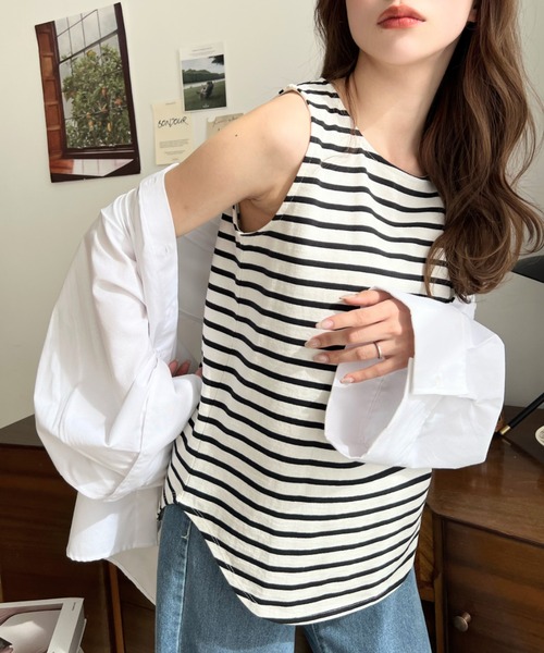 moment+(モーメントプラス)の「【累計販売枚数2万枚突破!】綿100%天竺.無地&ボーダーラウンドヘムタンクトップ(タンクトップ・レディース・ブラック/オフホワイト/杢グレー/グレイッシュベージュ/ベージュ/ブラック系その他/グレー/オートミール/チャコールグレー・M/L)」の15枚目の写真