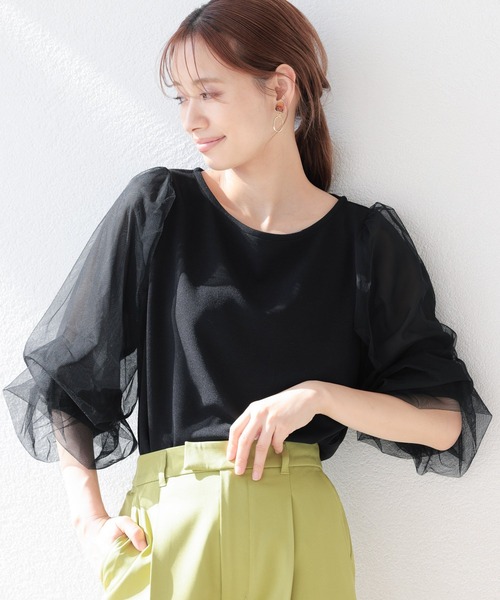 mysty woman（ミスティウーマン）の「チュールタックスリーブプルオーバー 950572（Tシャツ/カットソー・レディース・ブラック/オフホワイト・FREE）」の2枚目の写真