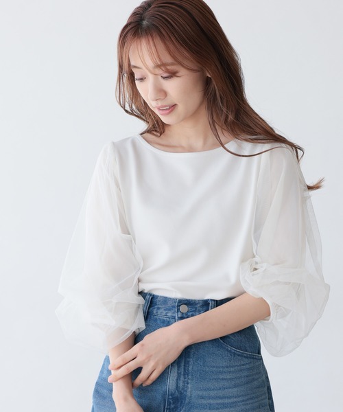 mysty woman（ミスティウーマン）の「チュールタックスリーブプルオーバー 950572（Tシャツ/カットソー・レディース・ブラック/オフホワイト・FREE）」の3枚目の写真