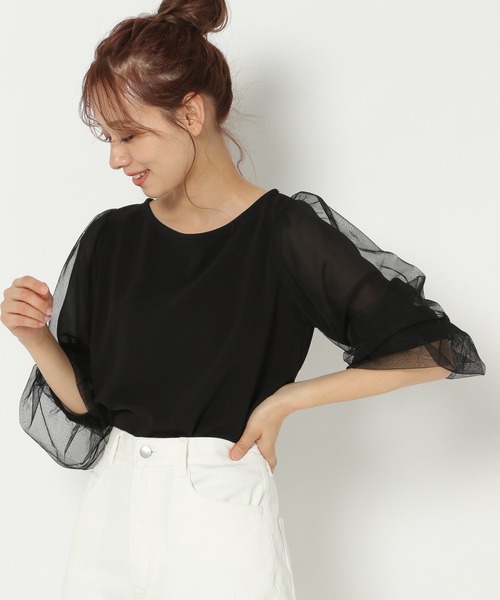 mysty woman（ミスティウーマン）の「チュールタックスリーブプルオーバー 950572（Tシャツ/カットソー・レディース・ブラック/オフホワイト・FREE）」の7枚目の写真