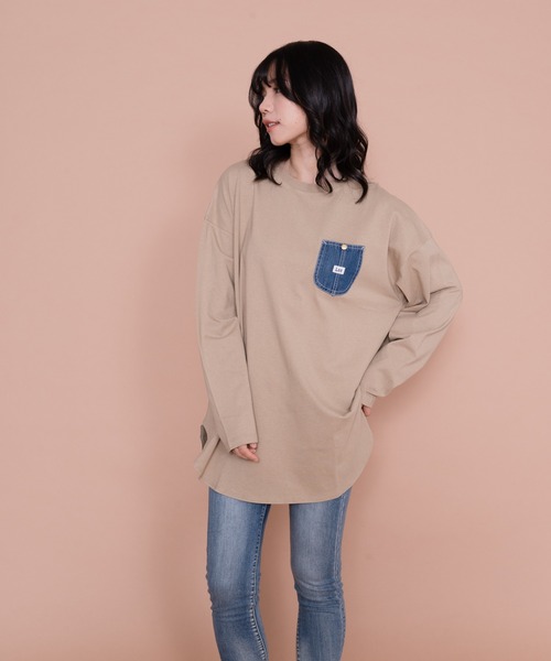 Lee（リー）の「【LEE／リー】デニムポケットロングスリーブTシャツ オーガニックコットン使用（Tシャツ/カットソー・レディース・ダークベージュ/ブラック/ホワイト/ライトブラウン・FREE）」の4枚目の写真