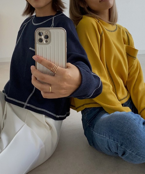 Avvenente（アベネンテ）の「【Avvenente】ワッフルロングTシャツ（Tシャツ/カットソー・レディース・ネイビー/オフホワイト/イエロー・FREE）」の3枚目の写真