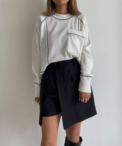 Avvenente（アベネンテ）の「【Avvenente】ワッフルロングTシャツ（Tシャツ/カットソー・レディース・ネイビー/オフホワイト/イエロー・FREE）」の2枚目の写真