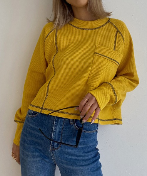 Avvenente（アベネンテ）の「【Avvenente】ワッフルロングTシャツ（Tシャツ/カットソー・レディース・ネイビー/オフホワイト/イエロー・FREE）」の16枚目の写真