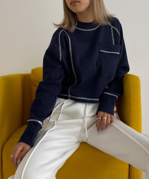 Avvenente（アベネンテ）の「【Avvenente】ワッフルロングTシャツ（Tシャツ/カットソー・レディース・ネイビー/オフホワイト/イエロー・FREE）」の4枚目の写真