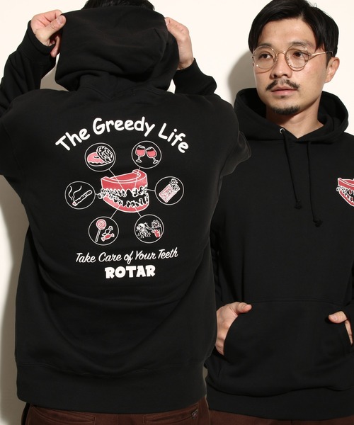 ROTAR(ローター)の「The Greedy Life PO PARKA バックプリント プルオーバー パーカー(パーカー・メンズ・ブラック/オレンジ系その他/ミックスグレー・MEDIUM/LARGE/SMALL/X-LARGE)」の1枚目の写真
