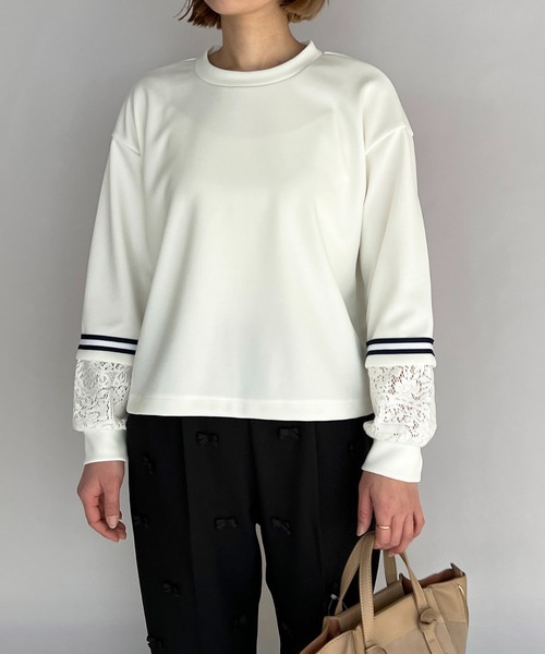 BE NEAT（ビーニート）の「袖口レース切替ラインテープ付きプルオーバー（Tシャツ/カットソー・レディース・ホワイト/ブラック・M）」の8枚目の写真