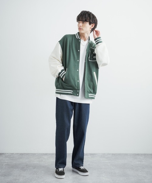 Rocky Monroe（ロッキーモンロー）の「オーバーサイズ カレッジロゴ TC裏毛 ワッペン刺繍スタジャン アワードジャケット（スタジャン・メンズ・チャコールグレー/ブラック/ネイビー/サックスブルー/グリーン/マスタード/グレイッシュベージュ・LL/M/L）」の10枚目の写真