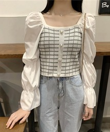 i-dare（アイディア）の「【i-dare】異素材 チェック柄 ショート丈 トップス（ニット/セーター）」