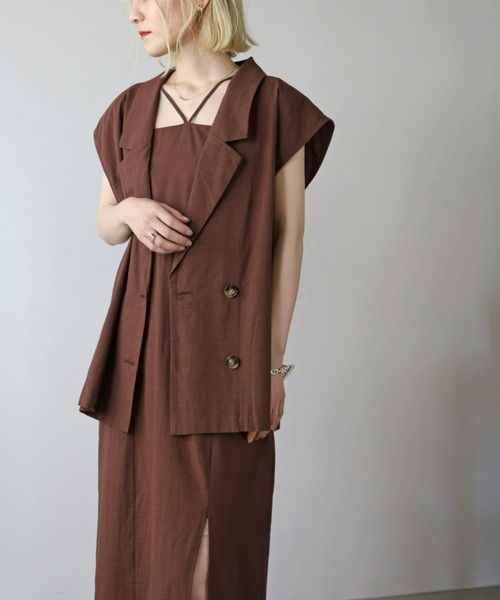 UNFIELD(アンフィールド)の「【UNFIELD】麻混ノースリーブジャケット(ベスト・レディース・ブラック/ブラウン/オフホワイト・FREE)」の3枚目の写真