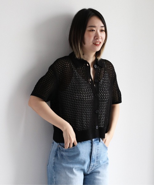 cepo（セポ）の「メッシュニットポロカーディガン（カーディガン/ボレロ・レディース・ブラック/オフホワイト/オレンジ・M）」の3枚目の写真