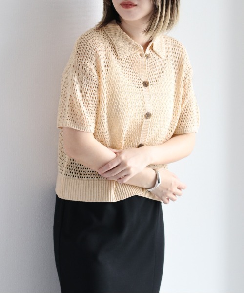 cepo（セポ）の「メッシュニットポロカーディガン（カーディガン/ボレロ・レディース・ブラック/オフホワイト/オレンジ・M）」の6枚目の写真