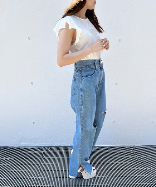 abc une face（アーベーセーアンフェイス）の「ダメ―ジワイドパンツ（デニムパンツ・レディース・ライトブルー・FREE）」の5枚目の写真