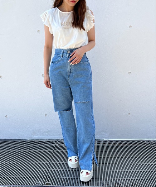 abc une face（アーベーセーアンフェイス）の「ダメ―ジワイドパンツ（デニムパンツ・レディース・ライトブルー・FREE）」の8枚目の写真