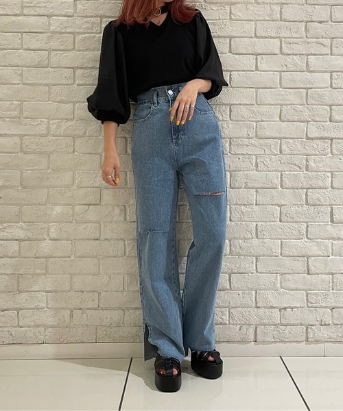 abc une face（アーベーセーアンフェイス）の「ダメ―ジワイドパンツ（デニムパンツ・レディース・ライトブルー・FREE）」の14枚目の写真