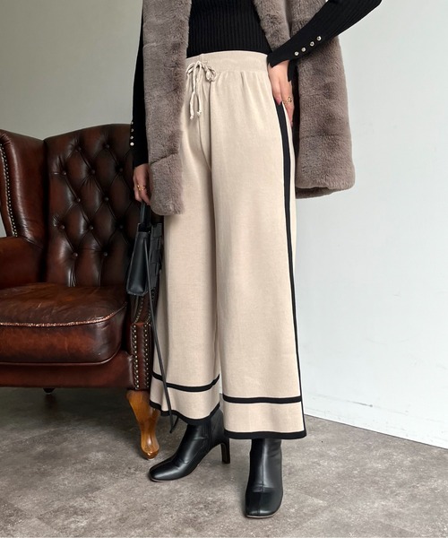 prose verse（プロズヴェール）の「配色ラインニットパンツ（チノパンツ・レディース・アイボリー/ブラック・ﾌﾘ-）」の2枚目の写真