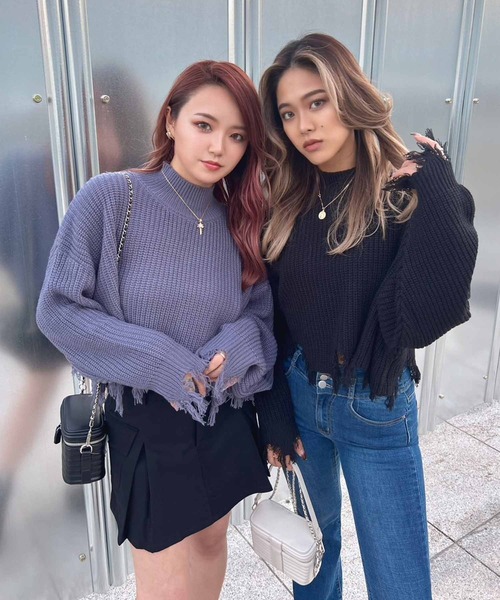 ANAP（アナップ）の「クロップド丈ダメージニットトップスセーター（ニット/セーター・レディース・グレイッシュベージュ/ネイビー/アイボリー/ブラック/グリーン・FREE）」の20枚目の写真