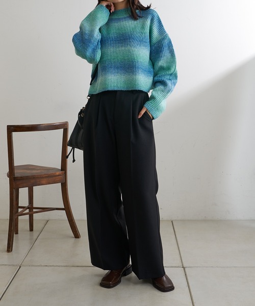 Lui's(ルイス)の「グラデーションショートニットトップス(ニット/セーター・レディース・パープル/キャメル/ミント・FREE)」の5枚目の写真