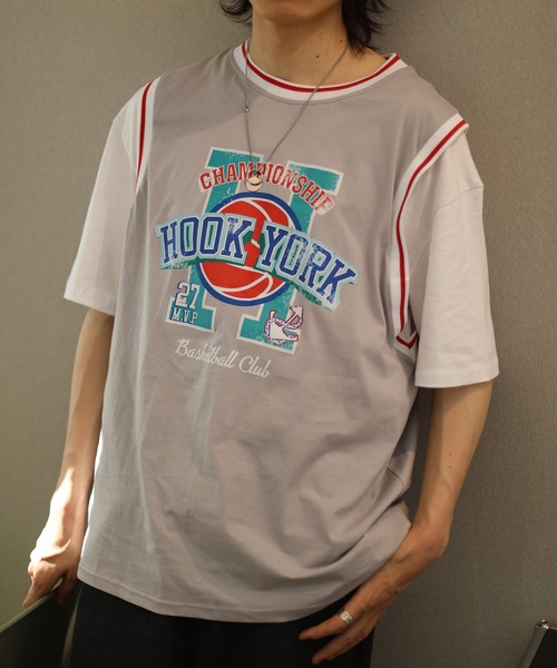 HOOK（フック）の「HOOK -original- アメカジバスケットユニフォーム風ドッキング半袖TEE (SS)（Tシャツ/カットソー・メンズ・グレー/ブルー/グリーン/ブラック・XXL/M/XL/L）」の3枚目の写真