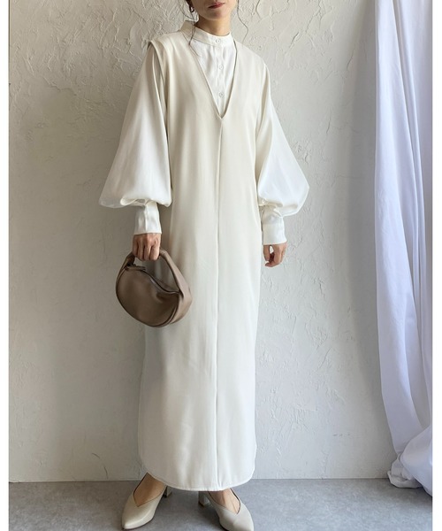 She's Closet（シーズクローゼット）の「前後2WAYビジュー付き深Vネックフレンチスリーブロング丈ジャンパースカートワンピース（ジャンパースカート・レディース・ブラック/アイボリー・FREE）」の13枚目の写真
