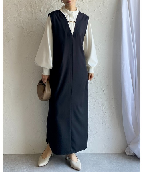 She's Closet（シーズクローゼット）の「前後2WAYビジュー付き深Vネックフレンチスリーブロング丈ジャンパースカートワンピース（ジャンパースカート・レディース・ブラック/アイボリー・FREE）」の15枚目の写真