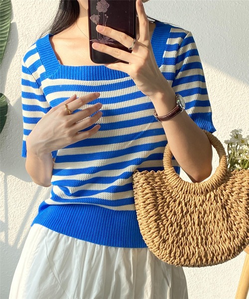 MAISON DE THERESE（メゾン ド テレーズ）の「スクエアネックボーダー柄ニットTシャツ/tee ストライプ（Tシャツ/カットソー・レディース・カーキ/ブルー/レッド/ブラック・FREE）」の3枚目の写真