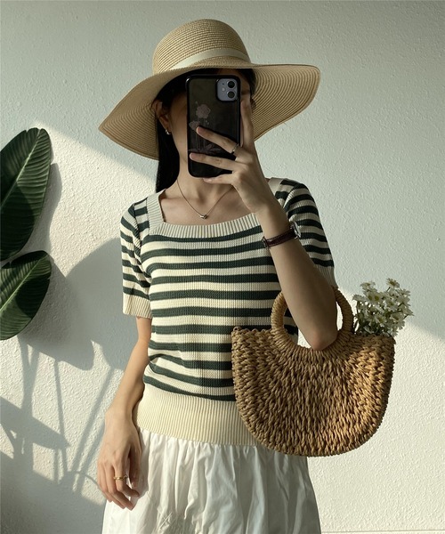 MAISON DE THERESE（メゾン ド テレーズ）の「スクエアネックボーダー柄ニットTシャツ/tee ストライプ（Tシャツ/カットソー・レディース・カーキ/ブルー/レッド/ブラック・FREE）」の21枚目の写真