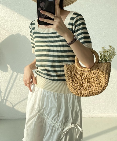 MAISON DE THERESE（メゾン ド テレーズ）の「スクエアネックボーダー柄ニットTシャツ/tee ストライプ（Tシャツ/カットソー・レディース・カーキ/ブルー/レッド/ブラック・FREE）」の17枚目の写真