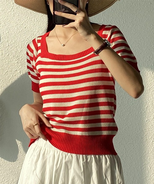 MAISON DE THERESE（メゾン ド テレーズ）の「スクエアネックボーダー柄ニットTシャツ/tee ストライプ（Tシャツ/カットソー・レディース・カーキ/ブルー/レッド/ブラック・FREE）」の18枚目の写真