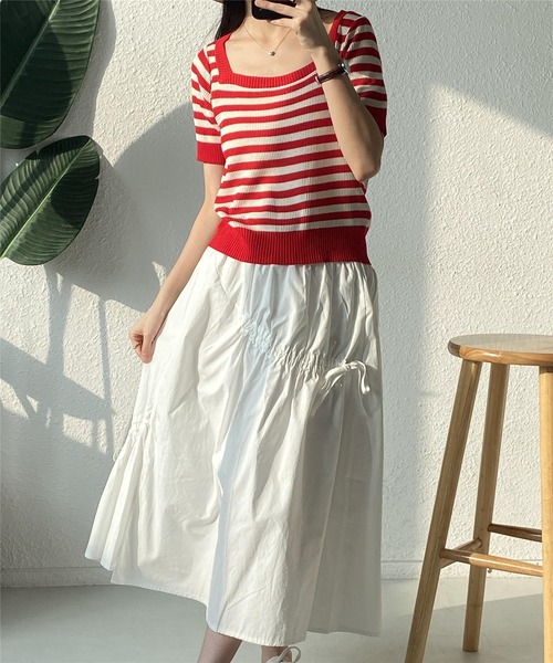 MAISON DE THERESE（メゾン ド テレーズ）の「スクエアネックボーダー柄ニットTシャツ/tee ストライプ（Tシャツ/カットソー・レディース・カーキ/ブルー/レッド/ブラック・FREE）」の20枚目の写真