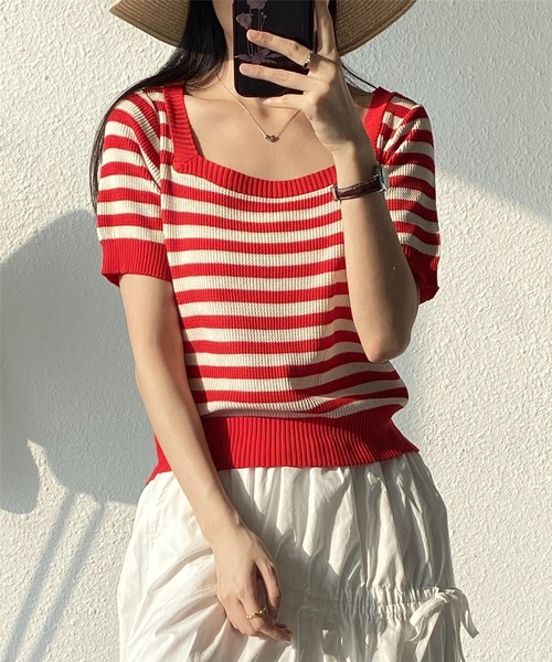 MAISON DE THERESE（メゾン ド テレーズ）の「スクエアネックボーダー柄ニットTシャツ/tee ストライプ（Tシャツ/カットソー・レディース・カーキ/ブルー/レッド/ブラック・FREE）」の16枚目の写真