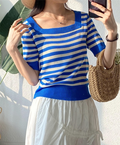 MAISON DE THERESE（メゾン ド テレーズ）の「スクエアネックボーダー柄ニットTシャツ/tee ストライプ（Tシャツ/カットソー・レディース・カーキ/ブルー/レッド/ブラック・FREE）」の22枚目の写真