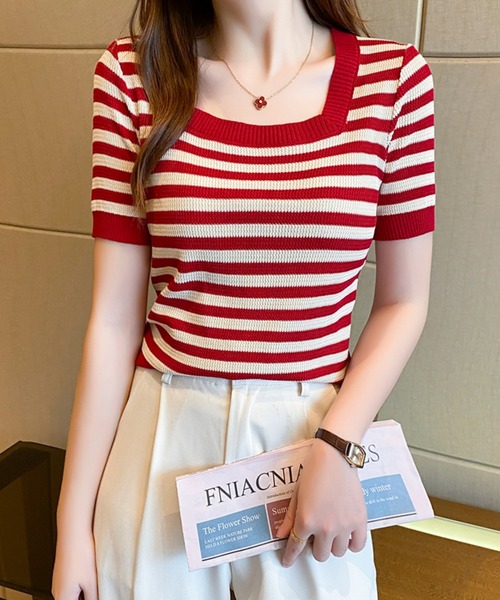 MAISON DE THERESE（メゾン ド テレーズ）の「スクエアネックボーダー柄ニットTシャツ/tee ストライプ（Tシャツ/カットソー・レディース・カーキ/ブルー/レッド/ブラック・FREE）」の5枚目の写真