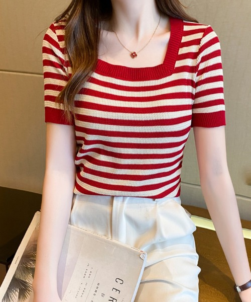 MAISON DE THERESE（メゾン ド テレーズ）の「スクエアネックボーダー柄ニットTシャツ/tee ストライプ（Tシャツ/カットソー・レディース・カーキ/ブルー/レッド/ブラック・FREE）」の6枚目の写真