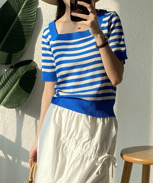 MAISON DE THERESE（メゾン ド テレーズ）の「スクエアネックボーダー柄ニットTシャツ/tee ストライプ（Tシャツ/カットソー・レディース・カーキ/ブルー/レッド/ブラック・FREE）」の11枚目の写真