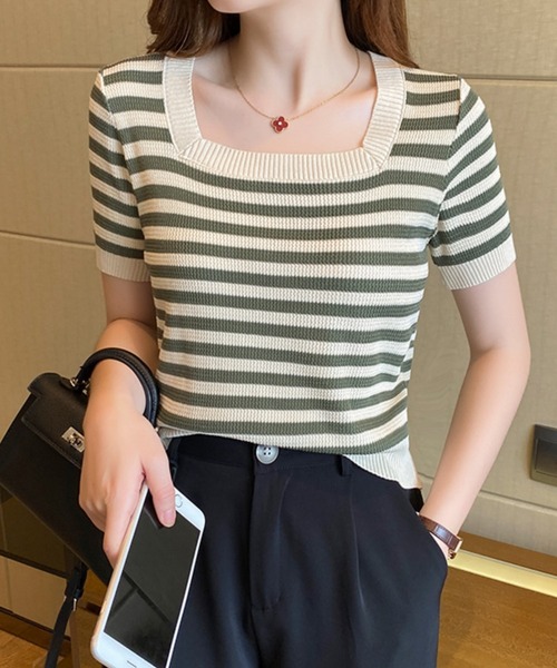 MAISON DE THERESE（メゾン ド テレーズ）の「スクエアネックボーダー柄ニットTシャツ/tee ストライプ（Tシャツ/カットソー・レディース・カーキ/ブルー/レッド/ブラック・FREE）」の8枚目の写真