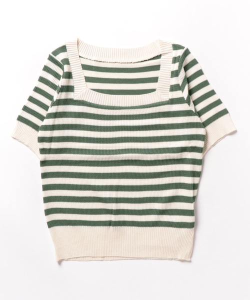 MAISON DE THERESE（メゾン ド テレーズ）の「スクエアネックボーダー柄ニットTシャツ/tee ストライプ（Tシャツ/カットソー・レディース・カーキ/ブルー/レッド/ブラック・FREE）」の13枚目の写真