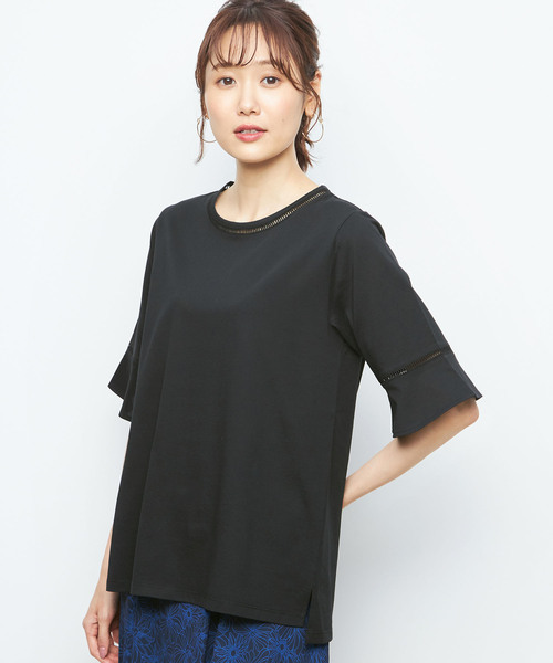 A/C DESIGN BY ALPHA CUBIC(エーシーデザインバイアルファキュービック)の「【UVカット・接触冷感・抗菌消臭】はしごレースプルオーバー(Tシャツ/カットソー・レディース・ブラック/オフホワイト/パープル・L/M)」の1枚目の写真