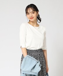 DRESKIP | 縦ラインで細見え クルーネック5分袖トップス(Tシャツ/カットソー)