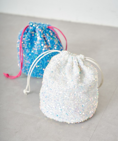 CIAOPANIC（チャオパニック）の「スパンコールベロア巾着バッグ（ハンドバッグ・レディース・ホワイト/ブルー・FREE）」の3枚目の写真