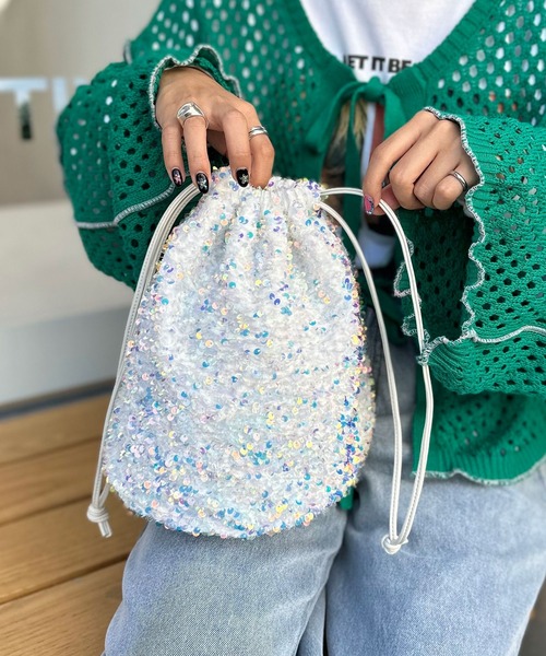 CIAOPANIC（チャオパニック）の「スパンコールベロア巾着バッグ（ハンドバッグ・レディース・ホワイト/ブルー・FREE）」の8枚目の写真