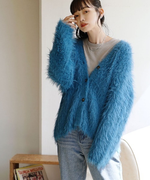 ☆希少☆ シャギーニットカーディガン　ブルー e-zakkamania stores（イーザッカマニアストアーズ）の「シャギー