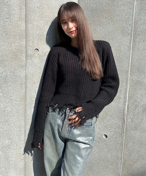 ENVYM(アンビー)の「【ZOZO限定アイテム】畔編みダメージニット(ニット/セーター・レディース・ブラック/グレー/ホワイト・FREE)」の14枚目の写真