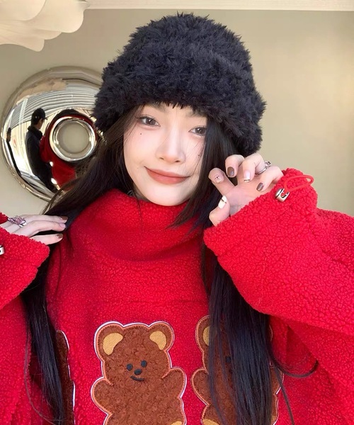 shopnikoniko(ショップニコニコ)の「シャギーニット帽子 ビーニー キャップ(ニットキャップ/ビーニー・レディース・ブラック/ホワイト・フリー)」の13枚目の写真
