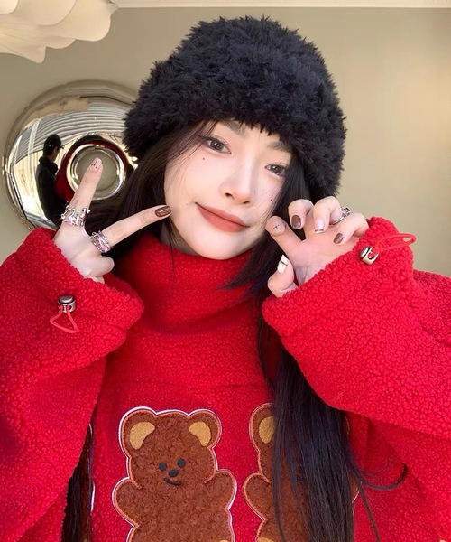shopnikoniko(ショップニコニコ)の「シャギーニット帽子 ビーニー キャップ(ニットキャップ/ビーニー・レディース・ブラック/ホワイト・フリー)」の14枚目の写真