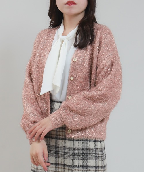 ASTORIA ODIER（アストリアオディール）の「ラメフェザー装飾釦カーディガン（カーディガン/ボレロ・レディース・ミント/ピンク/ライトグレー・MEDIUM）」の3枚目の写真