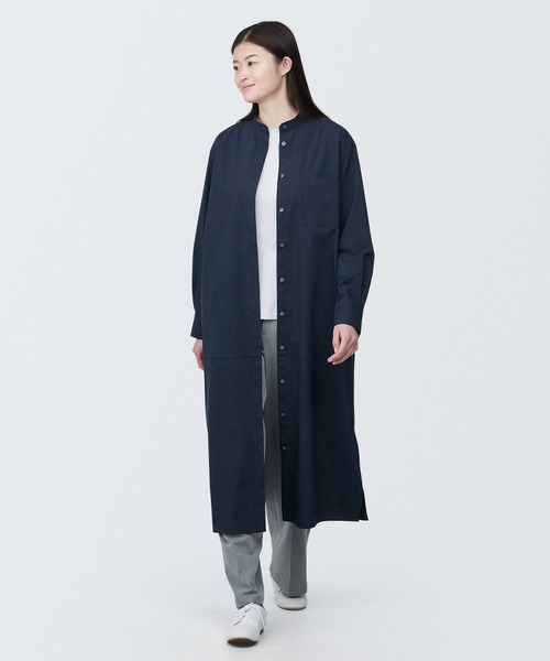 セール】婦人 シワになりにくい ブロードスタンドカラー長袖ワンピース